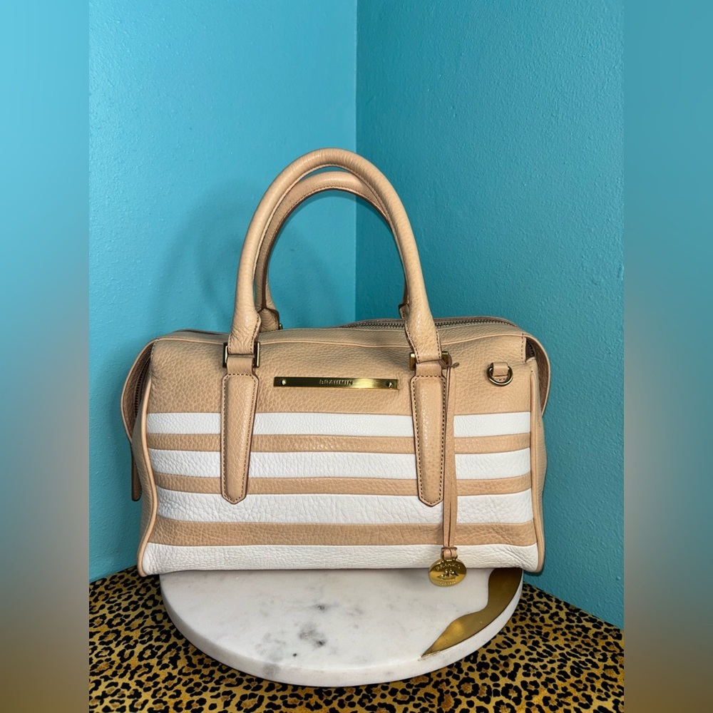BRAHMIN Tan and White Striped LEATHER Satchel